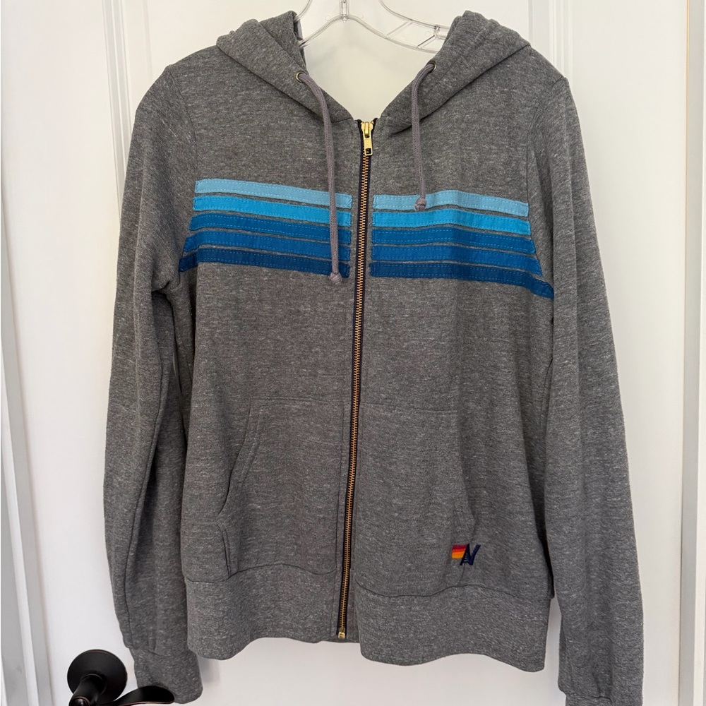 Aviator Nation 5 Stripe Hoodie in Heather Gray and Blue